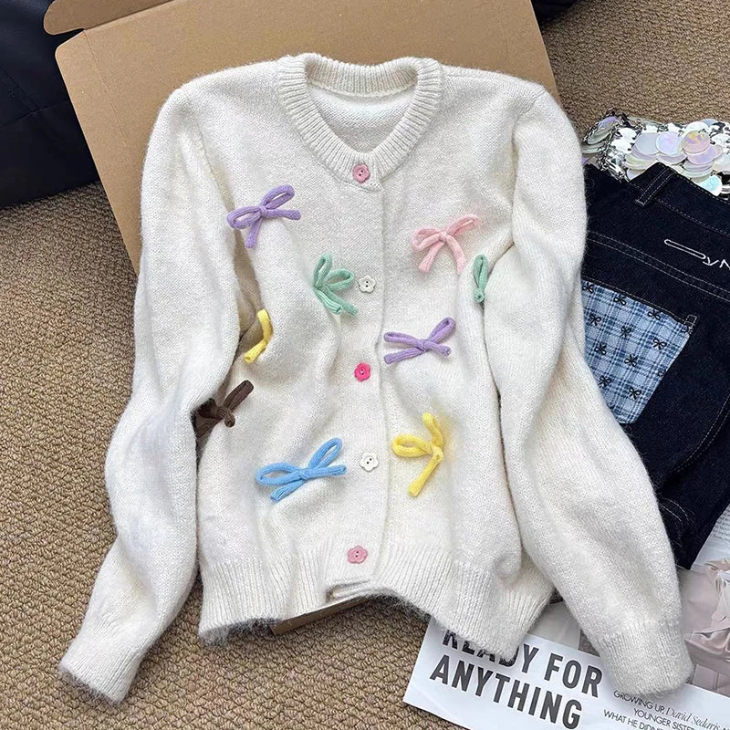 Autumn Winter New Sweet Bowknot Knitted Cardigan For Women Versatile Single-breasted Sweater Coat Trendy 11A07914