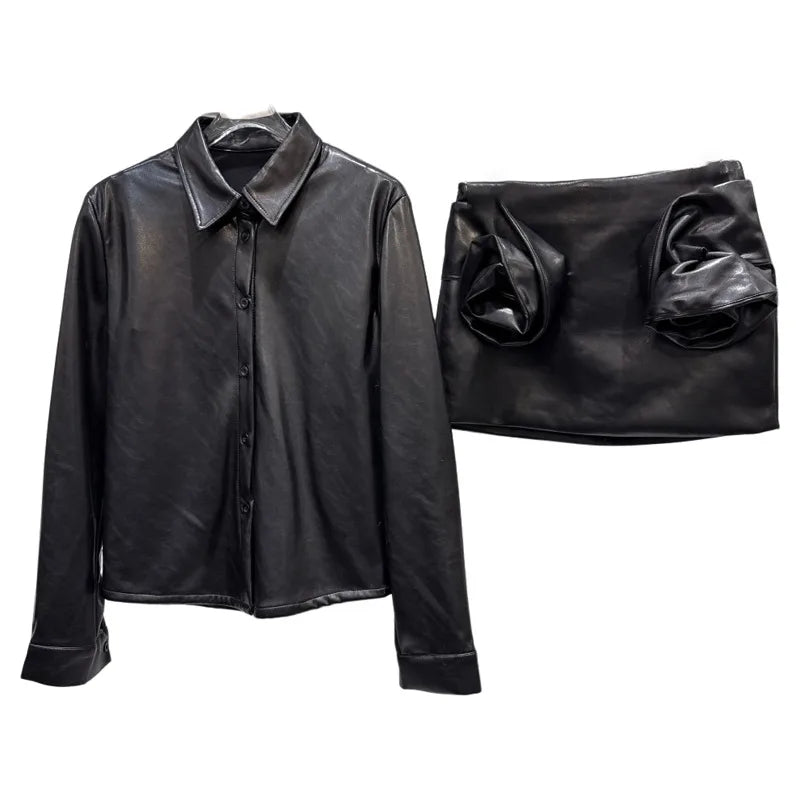 Winter New Street Style Fashion PU Leather Shirt Jacket For Women Three-Dimensional Pleated Floral Skirts 11A07730