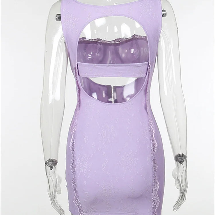 CHRONSTYLE Women Summer Bodycon Mini Dress Sleeveless Strap Low Cut Front Cutout Lace Slim Dress Party Backless Female Vestidos