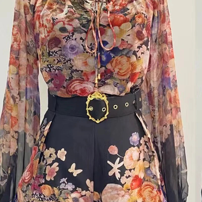 Real Shot Spot Australia New Positioning Printing Top Three-Dimensional Flower Lace-up Top + Wide Leg Shorts Suit Women