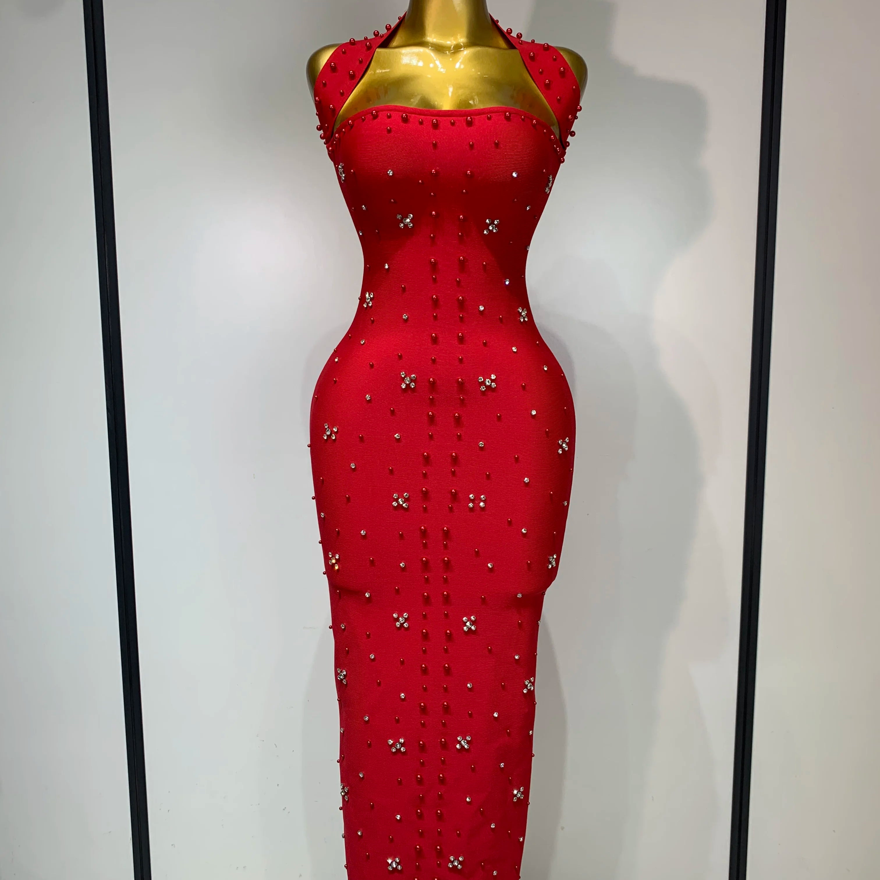 Women Sexy Halter Backless Shiny Rhinestone Pearl Bodycon Bandage Dress Celebirty Elegant Evening Party Luxury Birthday Dress Red