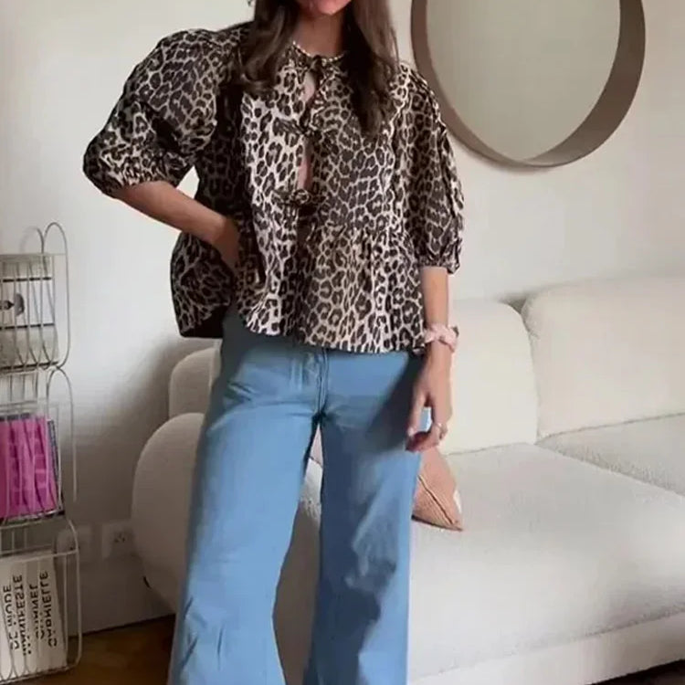 Leopard Print Lace Up Bow Top Women Hollow Out Puff Short Sleeve O-neck Shirt Female Summer Lady Fashion Commuter Tops