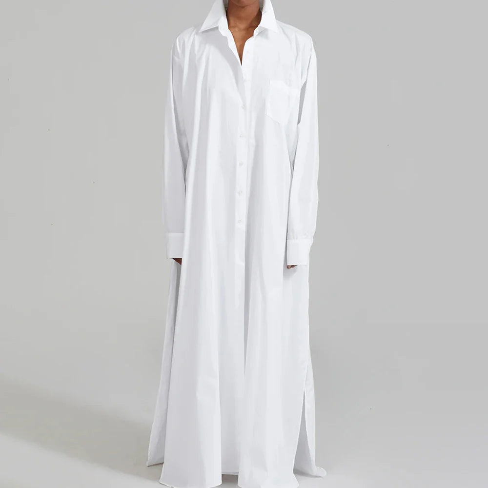 Solid Minimalist Split Dresses For Women Lapel Long Sleeve High Waist Patchwork Single Breasted Loose Dress Female WHITE One Size