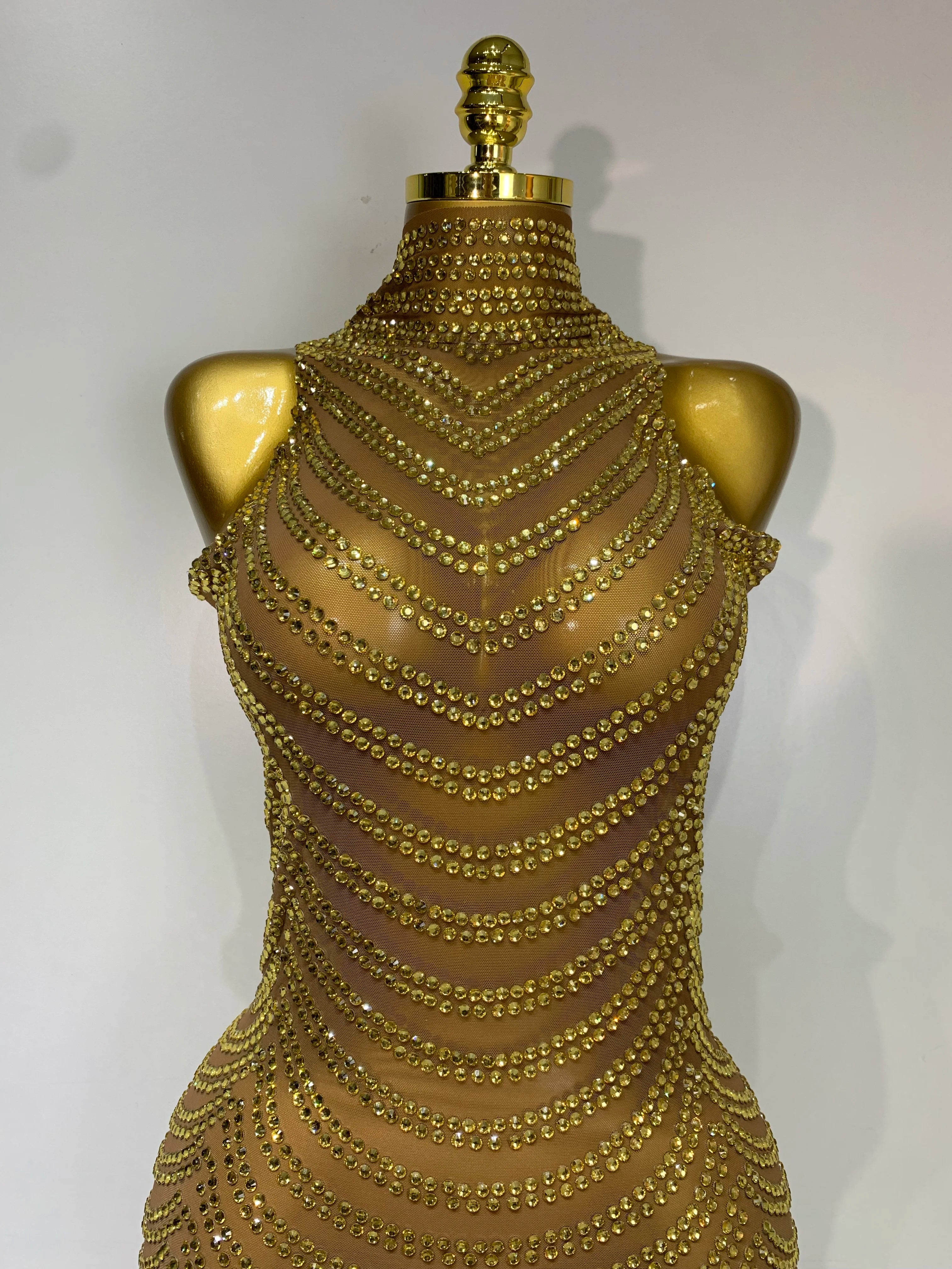 Women Sexy Sparkly Rhinestone Gold Maxi Dress Mesh See Through Evening Party Singer Stage Perform Costume Luxury Birthday Gown