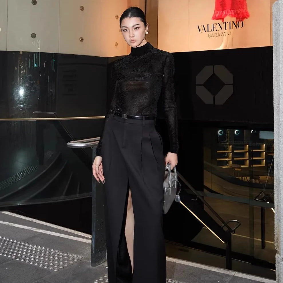 Lautaro Spring Summer Black Flowy Floor Length Skirt Women with Front High Slit High Waist Elegant Chic Luxury Designer Clothes Black