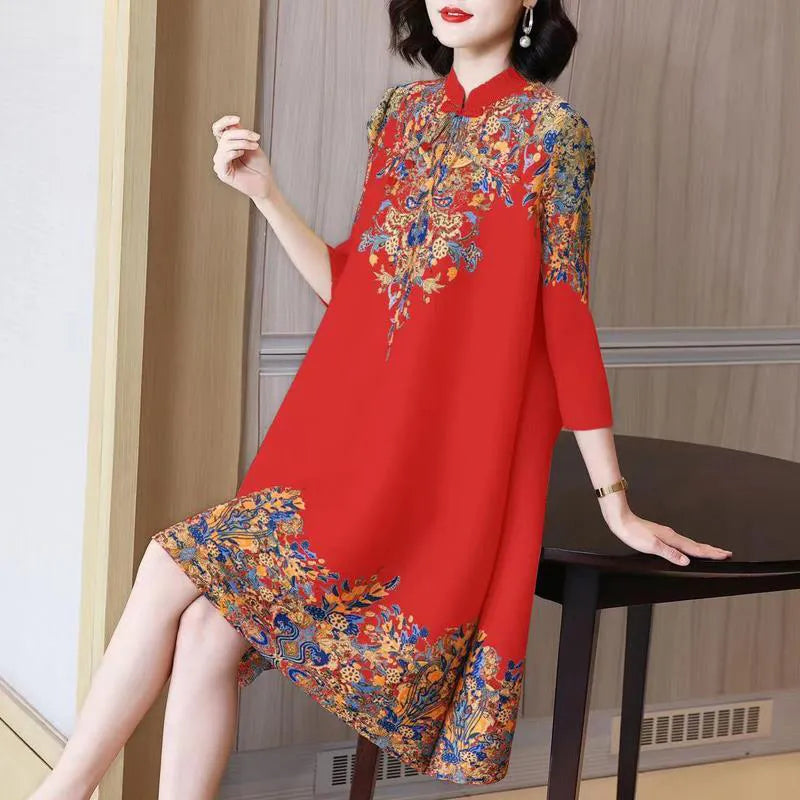 Summer Autumn Overesized Stand Collar Temperament Floral Printing Dress Ladies Elegant Fashion Loose Dresses Robe Femme Vestido