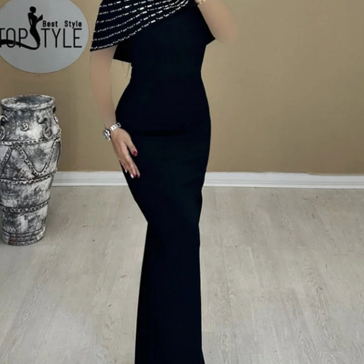 Black Color Women Sexy Slash Neck Shinning Crystal Bodycon Long Bandage Dress Elegant Evening Party Cocktail Red Carpet Dress black