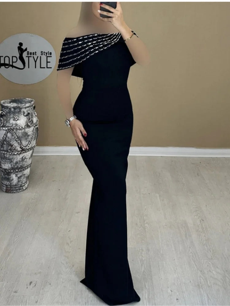 Black Color Women Sexy Slash Neck Shinning Crystal Bodycon Long Bandage Dress Elegant Evening Party Cocktail Red Carpet Dress black