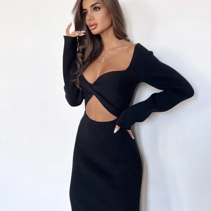 Autumn New Hot White Long-sleeved O-neck Chest-wrapped Hollow High Waist Slim Dress Crop Top Elegant Knee Skirt Rib Fabric Dress black