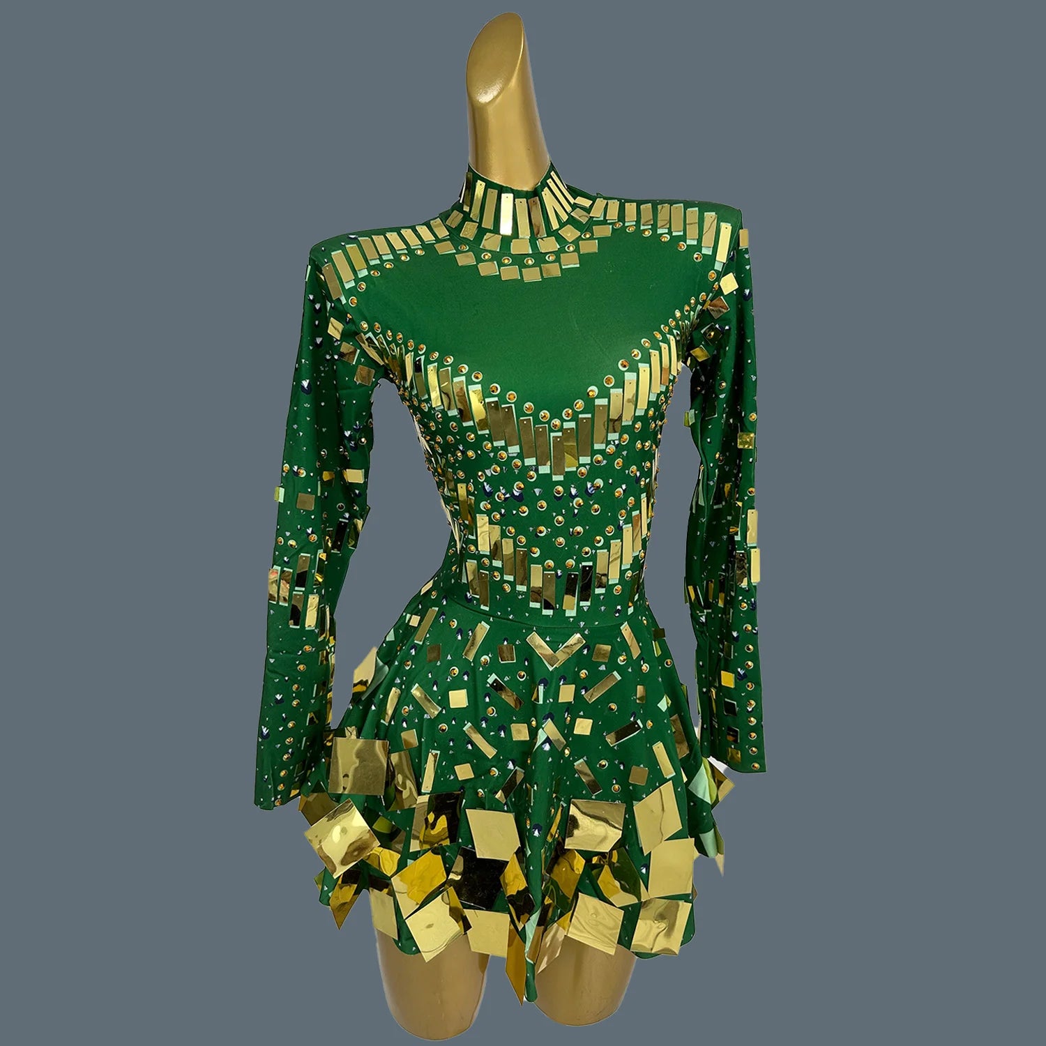 Fancy Sequins Pleated Mini Dress for Hot Girls Bar Nightclub Stage Show Outfit Dance Performance Wear Dance Troupe Outfit Xieshi Green Gold One Size