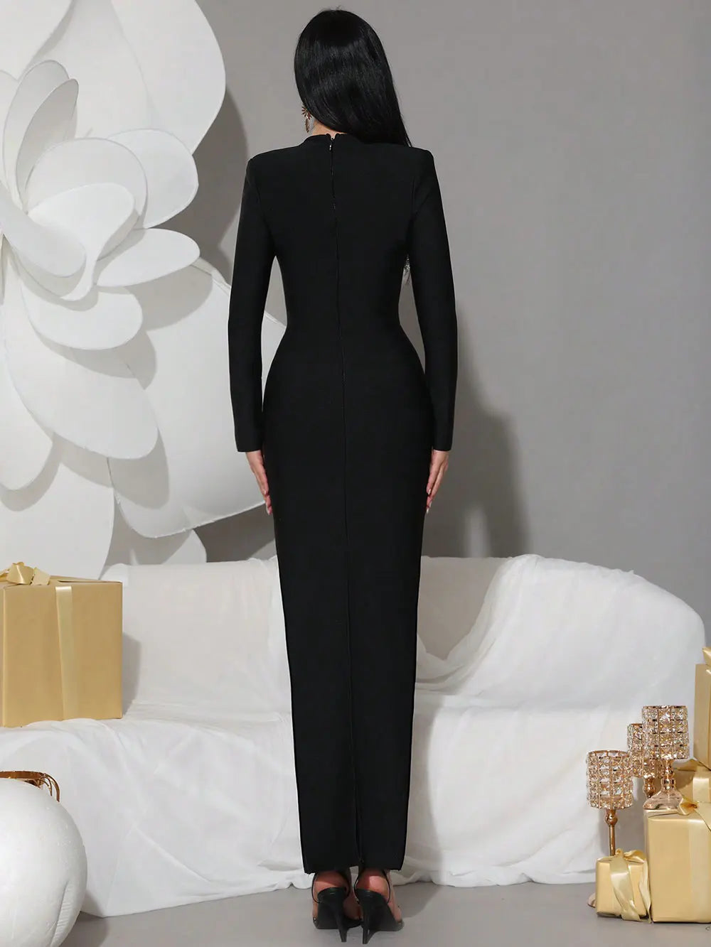 2025 Women's Light Luxury Nail Diamond Design Bandage Dress Square Neck Long Sleeve Bodycon Black Long Dress Club Party Vestidos