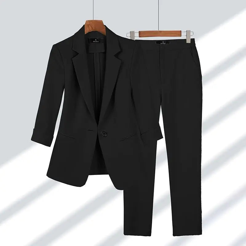 Spring Summer New Elegant Suit Jacket Matching Set Women's Korean Chic Blazers Coat Pants 2 Piece Female Professional Suit Black Set