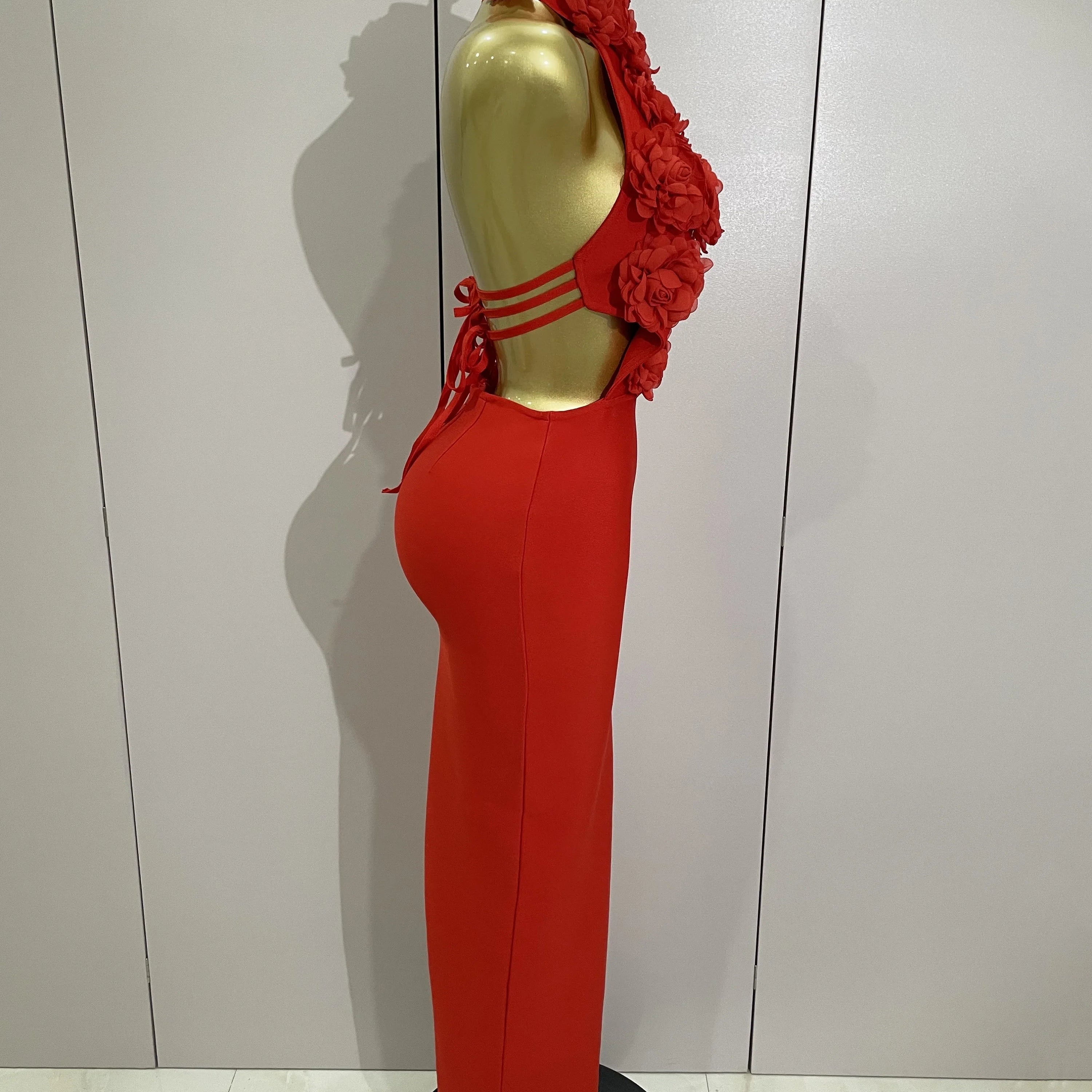 Women Celebrity Sexy Halter Backless Flower Long Bandage Bodycon Dress 2025 Luxury Birthday Dress Elegant Evening Party Outfit