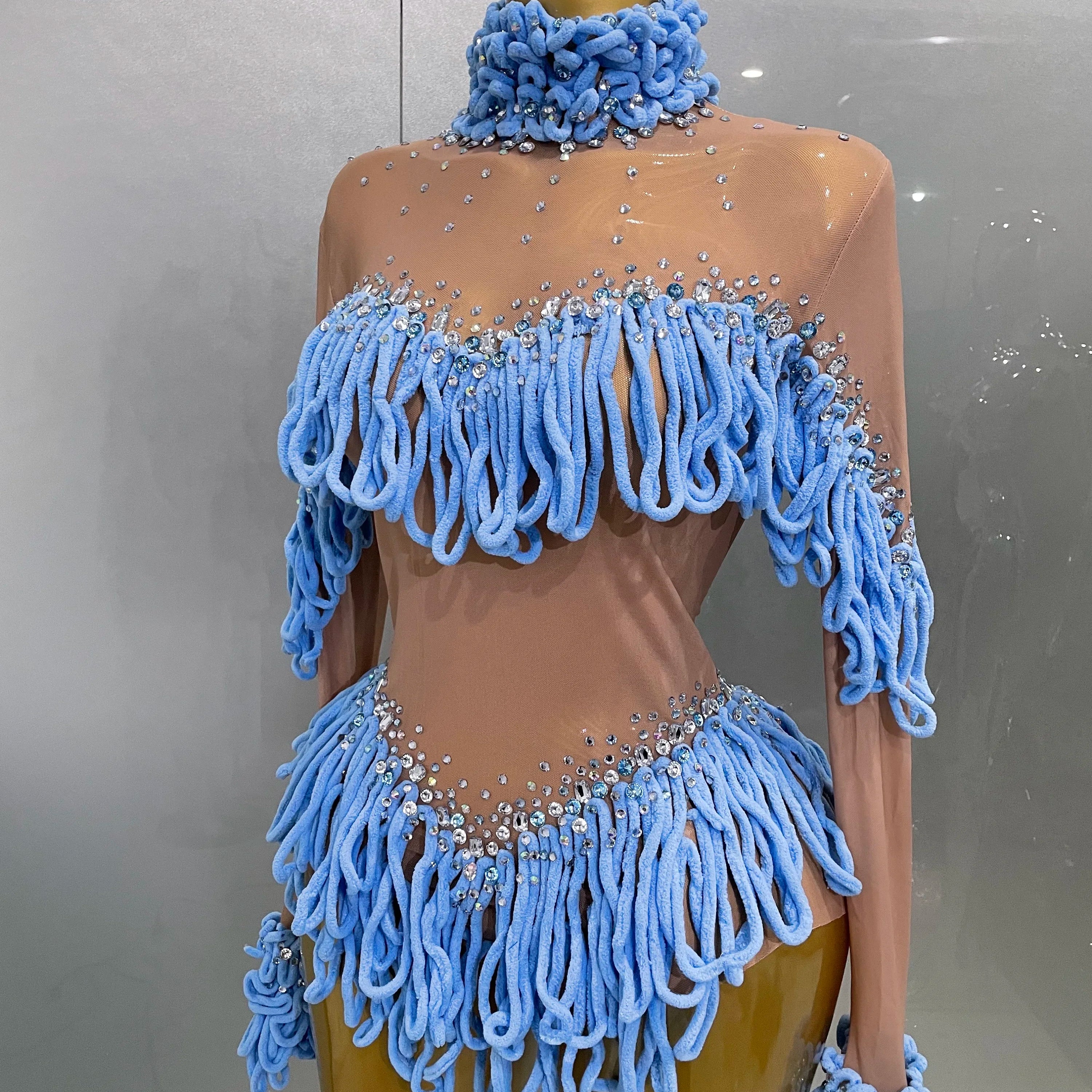 2025 New Women Shining Rhinestones Sexy Mesh Tassels Bodysuit Birthday Party Club Performance Dance DJ Leotard Show Stage Wear