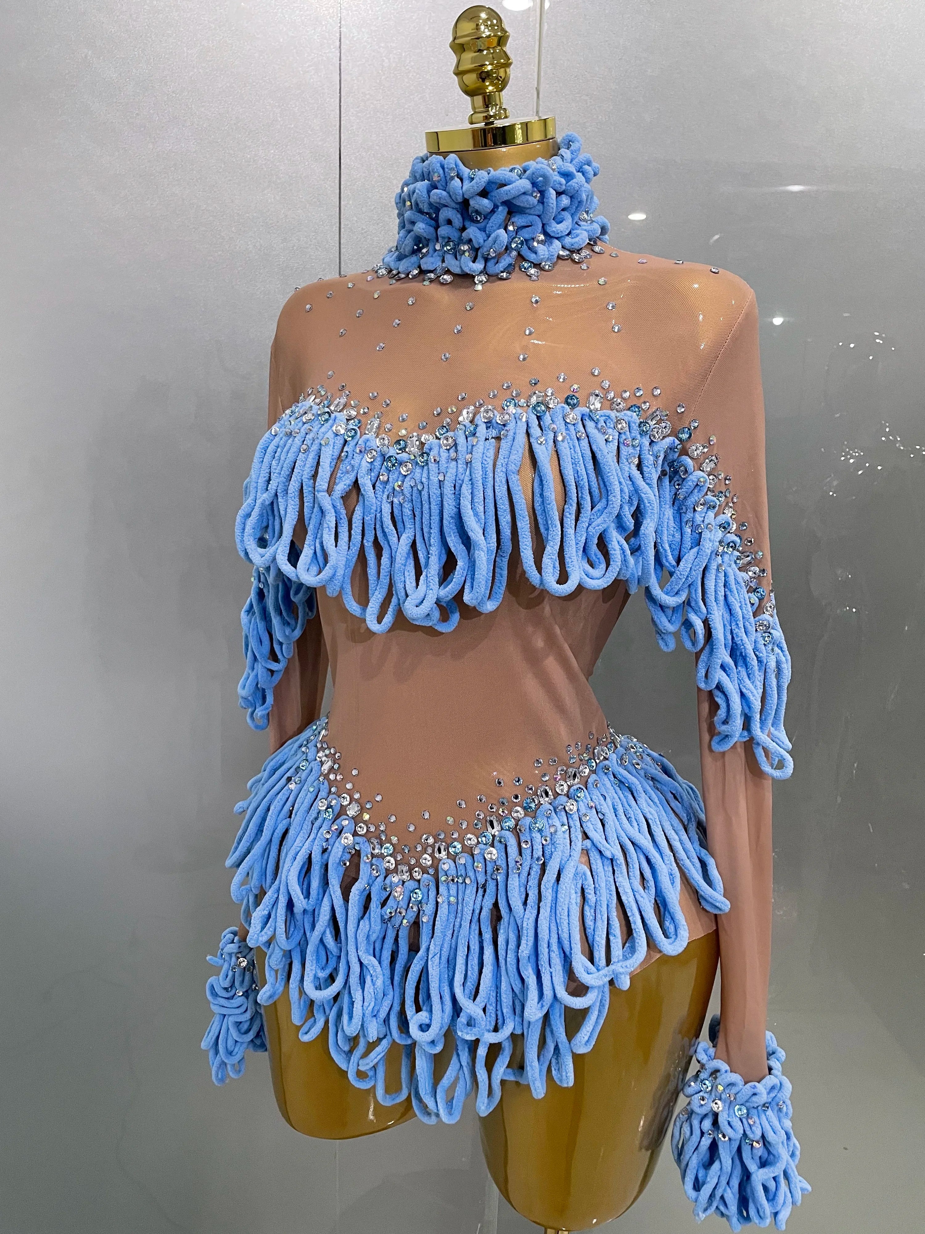 2025 New Women Shining Rhinestones Sexy Mesh Tassels Bodysuit Birthday Party Club Performance Dance DJ Leotard Show Stage Wear