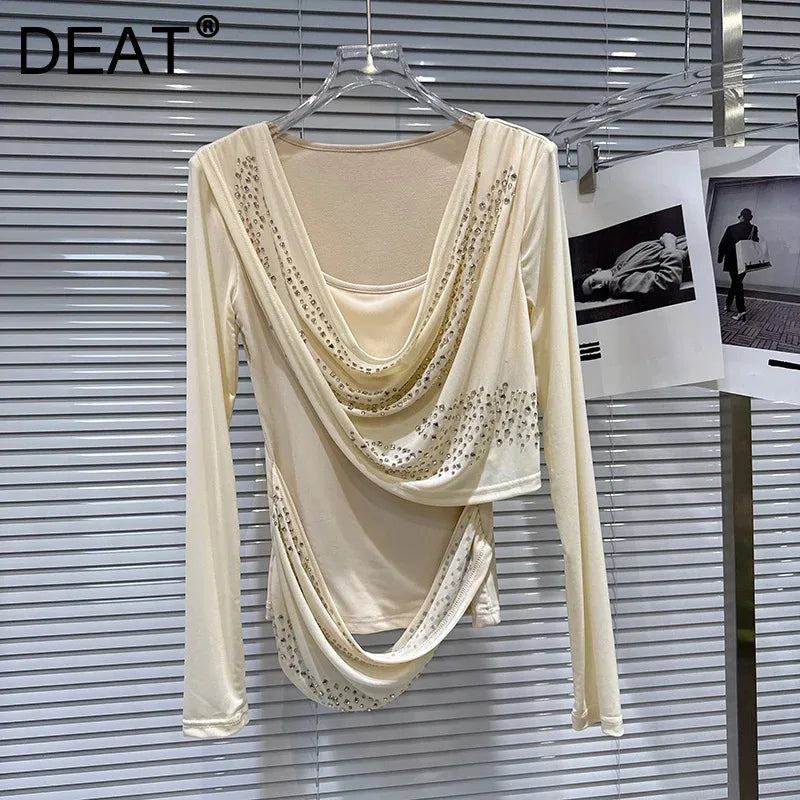Winter New Light Luxury Style U-Neck Shiny Rhinestone Solid Color Ruched T-Shirt For Women Slim Fit Tops 11A07550