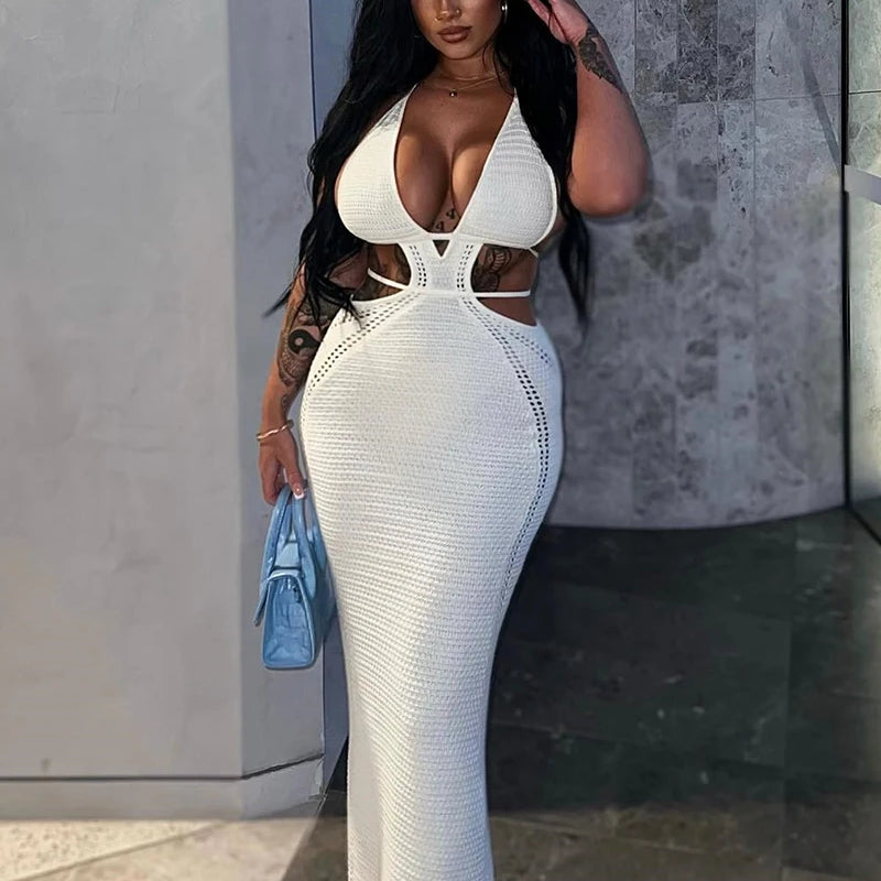 Hollow Out Halter Sexy Mini Dress Women Summer New Sleeveless Backless Skinny Club Party Knit Tank Dress Vestido White