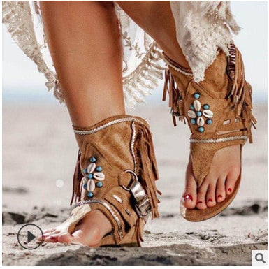 Retro Women Fringe Flower Wedges Shoes Solid Flock Beach Casual Sandals Women Summer Flip Flop Sandals Brown