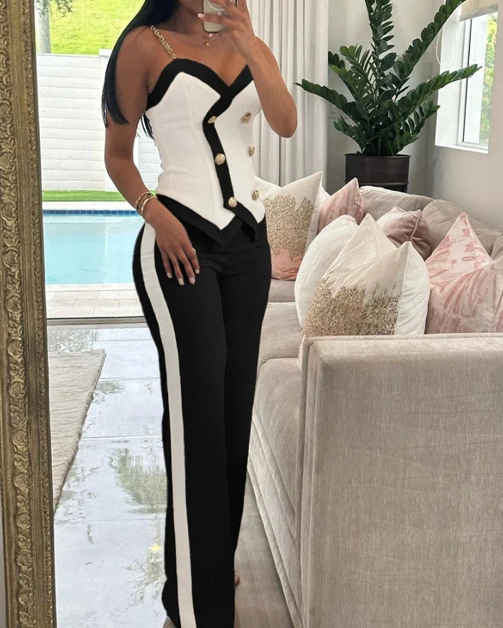 Two Piece Set Women Outfit Summer Fashion Double Breasted Chain Strap V-Neck Cami Top & Casual Daily Straight Leg Pants Set B