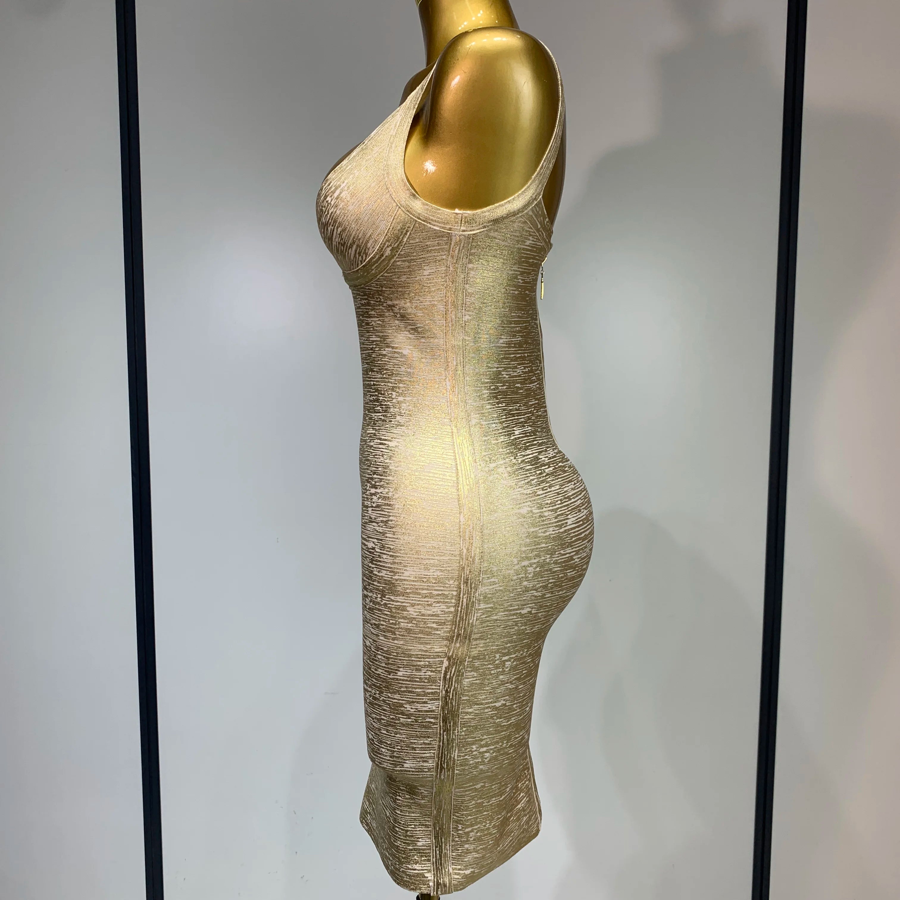 Celebrity Elegant Gold Bodycon Bandage Dress Women Sexy Nightclub Evening Party Luxury Birthday Dress Vestidos