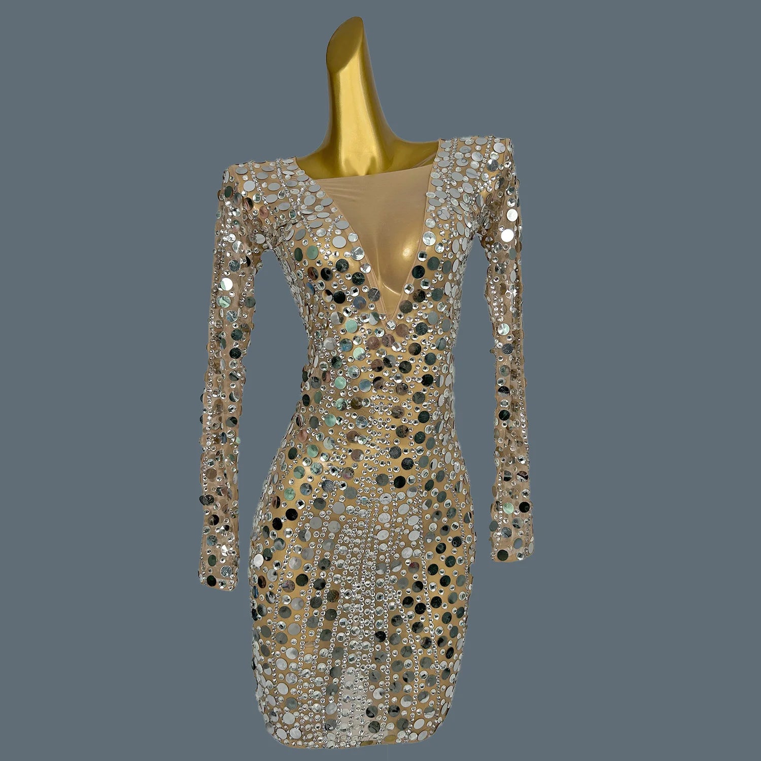 Trendy Sequin Evening Gowm Sexy Mini Dress for Women Sheer Mesh Rhinestone Slimming Party Show Clothing Huadiandian Silver