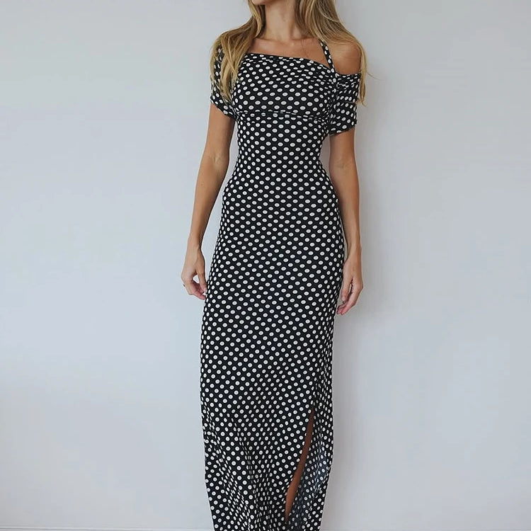 Mozision Off-shoulder Polka Dot Maxi Dress For Women Gown Fashion Halter Sleeveless Backless bodycon Split Long Dress Elegant