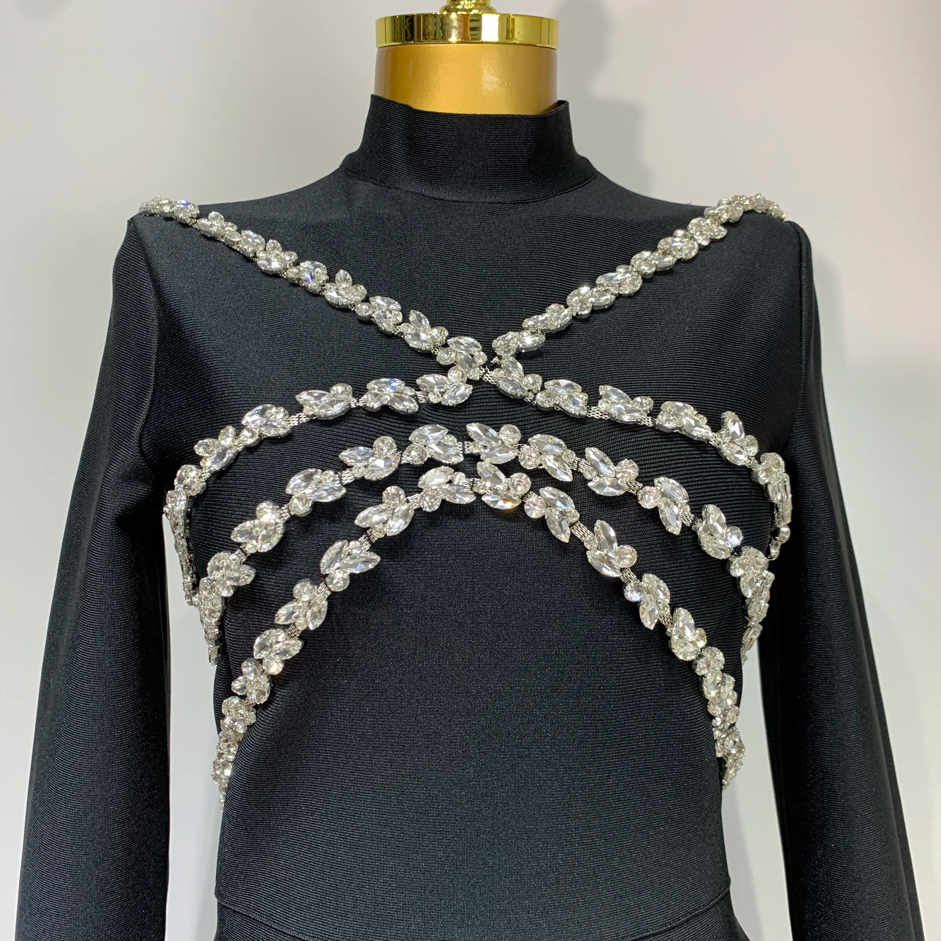 Women Long Sleeve Shinning Crystal Bodycon Long Bandage Dress Celebirty Elegant Evening Party Luxury Birthday Dress