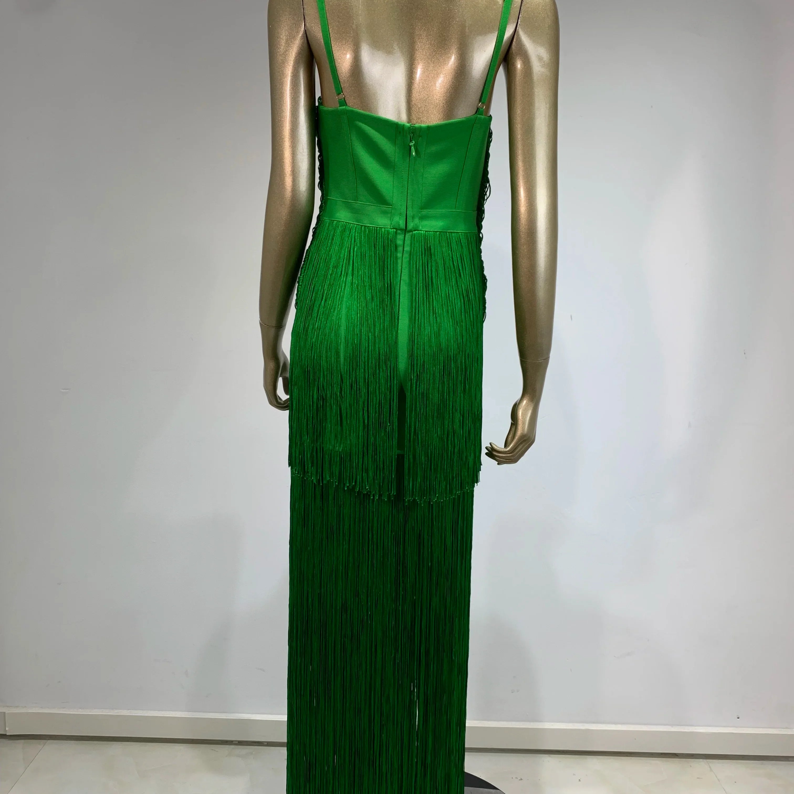Women Celebrity Luxury Sexy Backless Tassel Green Ankle Length Bodycon Bandage Dress Elegant Evening Club Party Outfit