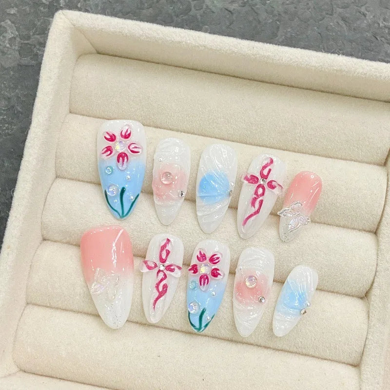 10Pcs Y2K Sweet Cool Almond Handmade Gel Nails with Glue Metallic Bow Nail Design 3D Blue False Nails Press on Acrylic Nail Tips