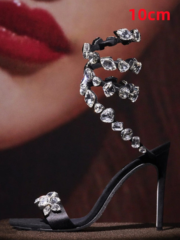 Summer New Colored Diamond Women's High Heel Sandals Water Diamond Fashion Silver Sole Party Party Party High Heel Shoes 10CM white diamond