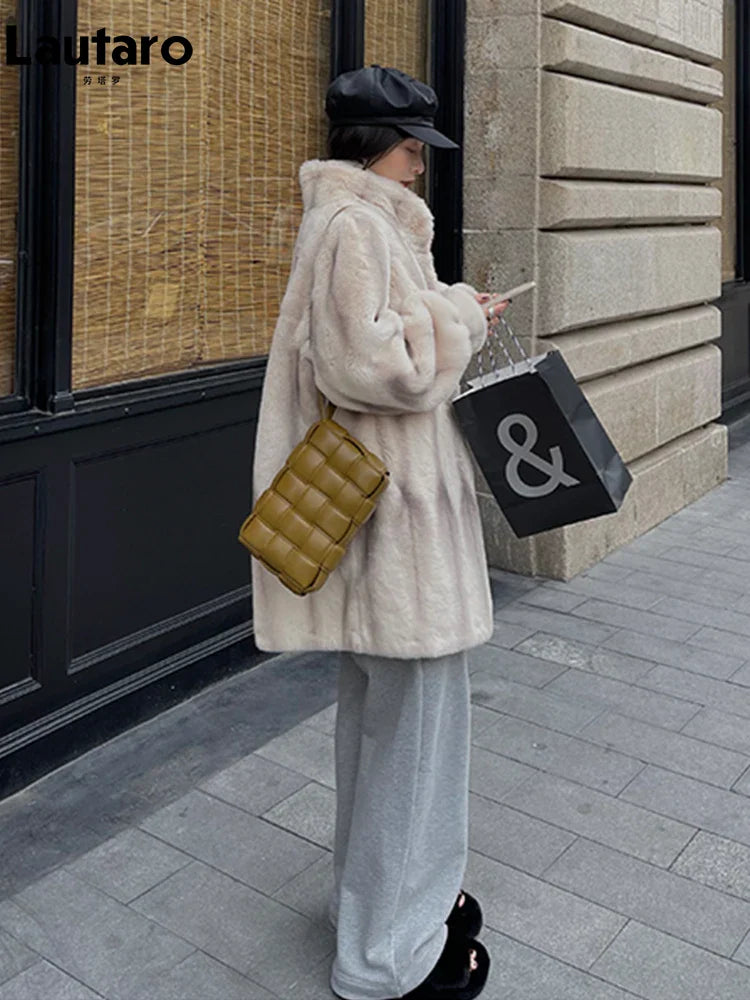 Winter Thick Warm Faux Mink Fur Coat Women Stand Collar Elegant Chic Luxury Designer Clothes Runway Fluffy Jacket 2022