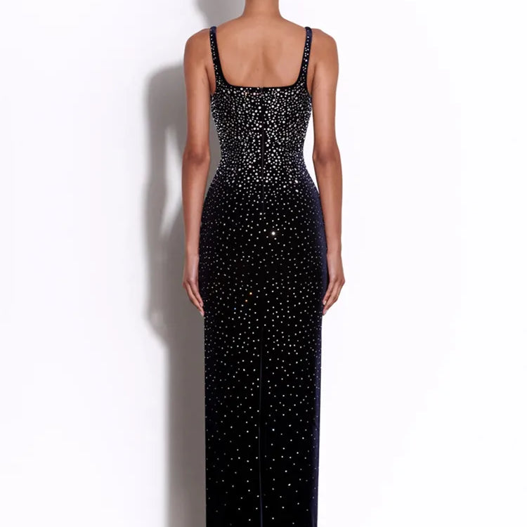 New Women Sexy V Neck Diamonds Beading Black Maxi Long Celebrity Bodycon Bandage Dress 2025 Elegant Evening Club Party Dress