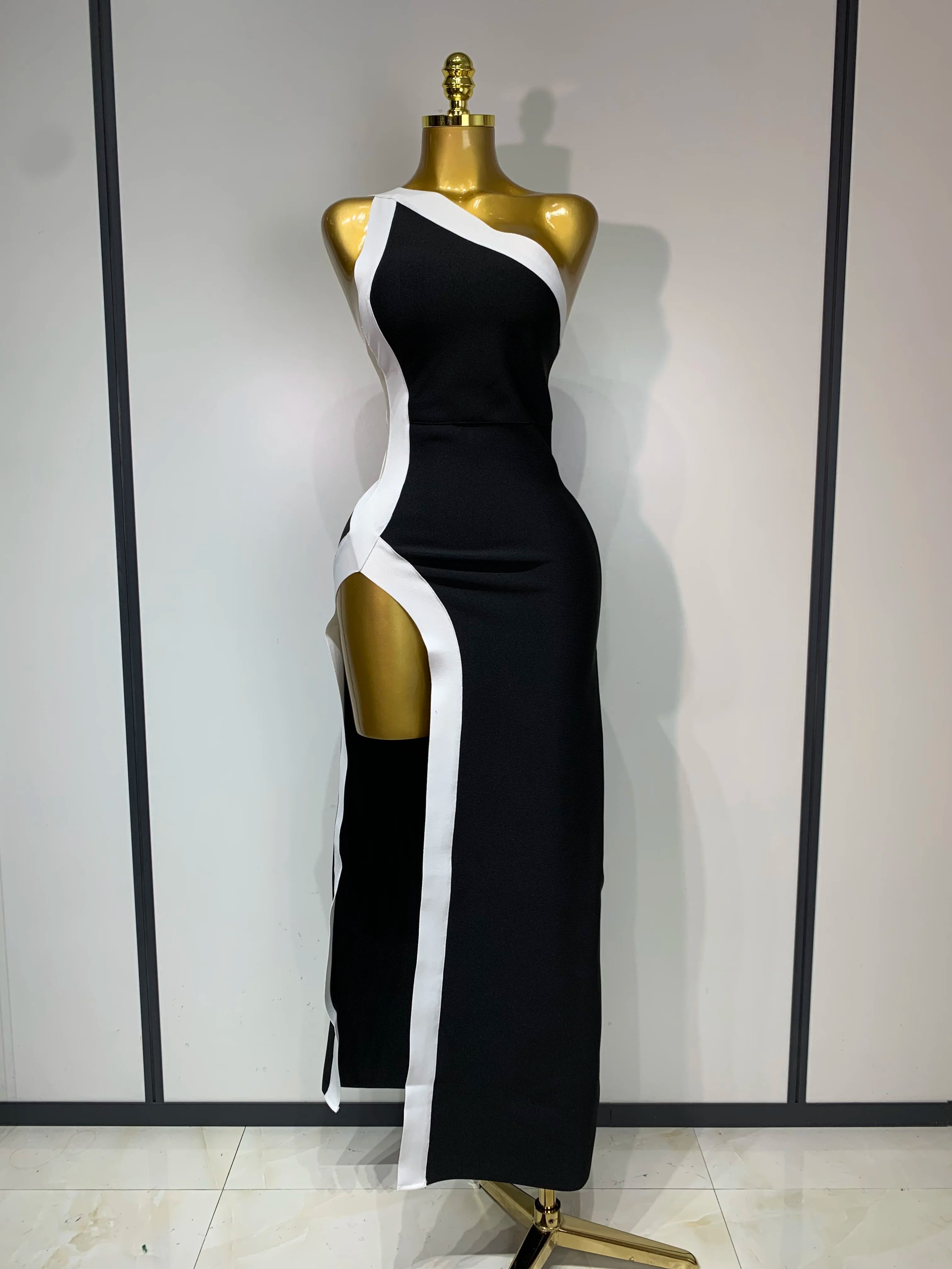 Women Sexy One Shoulder Split Black White Patchwork Bandage Bodycon Dress 2025 Celebrity Elegant Evening Party Birthday Outfit black