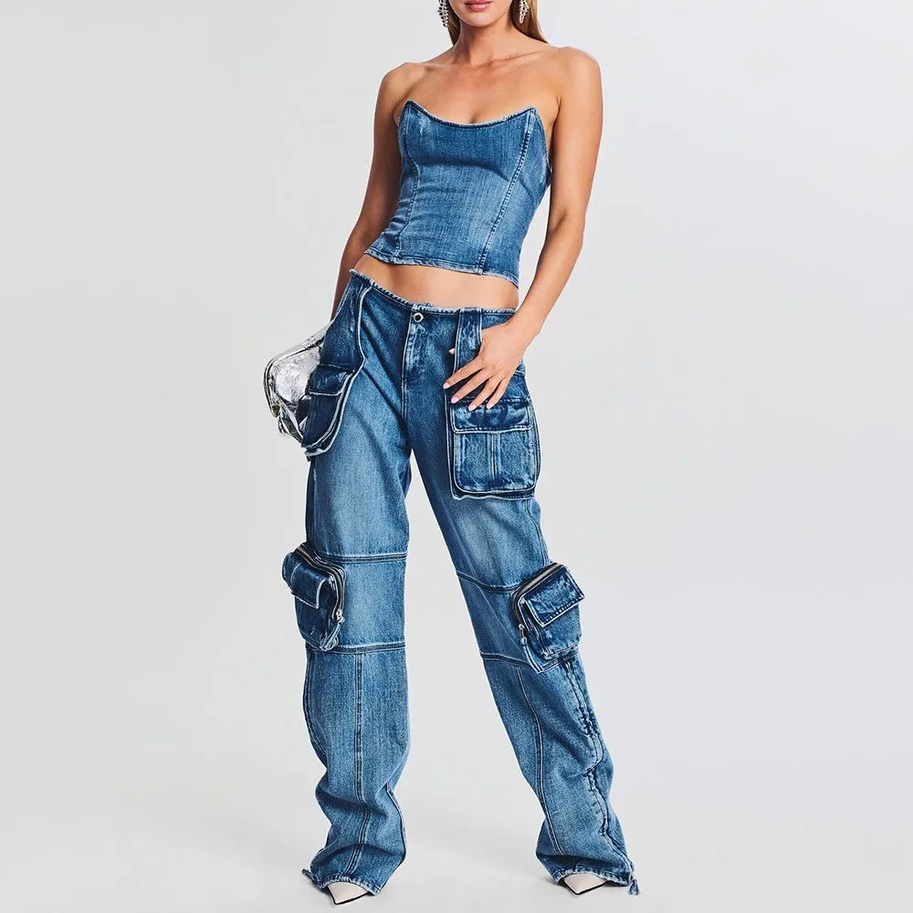 Denim Vintage Two Piece Sets For Women Strapless Sleeveless Tops High Waist Spliced Pockets Pant Casual Set Female BLUE