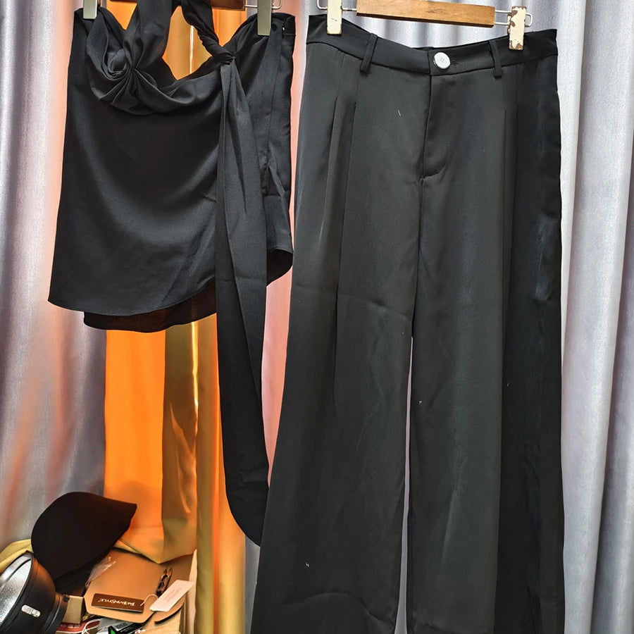 Solid Loose Two Piece Sets for Women Halter Neck Sleeveless Irregular Top High Waist Wide Leg Pants Set Female New BLACK