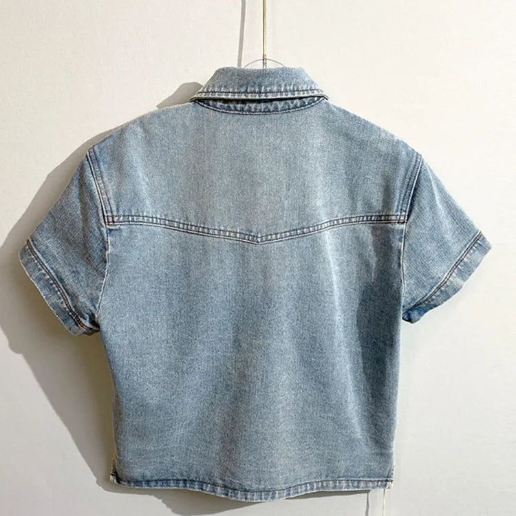 LUXE&ENVY Market Spring/Summer New Washed Old Cowboy Shirt Half Sleeve Single breasted Short sleeved Shirt Versatile Top