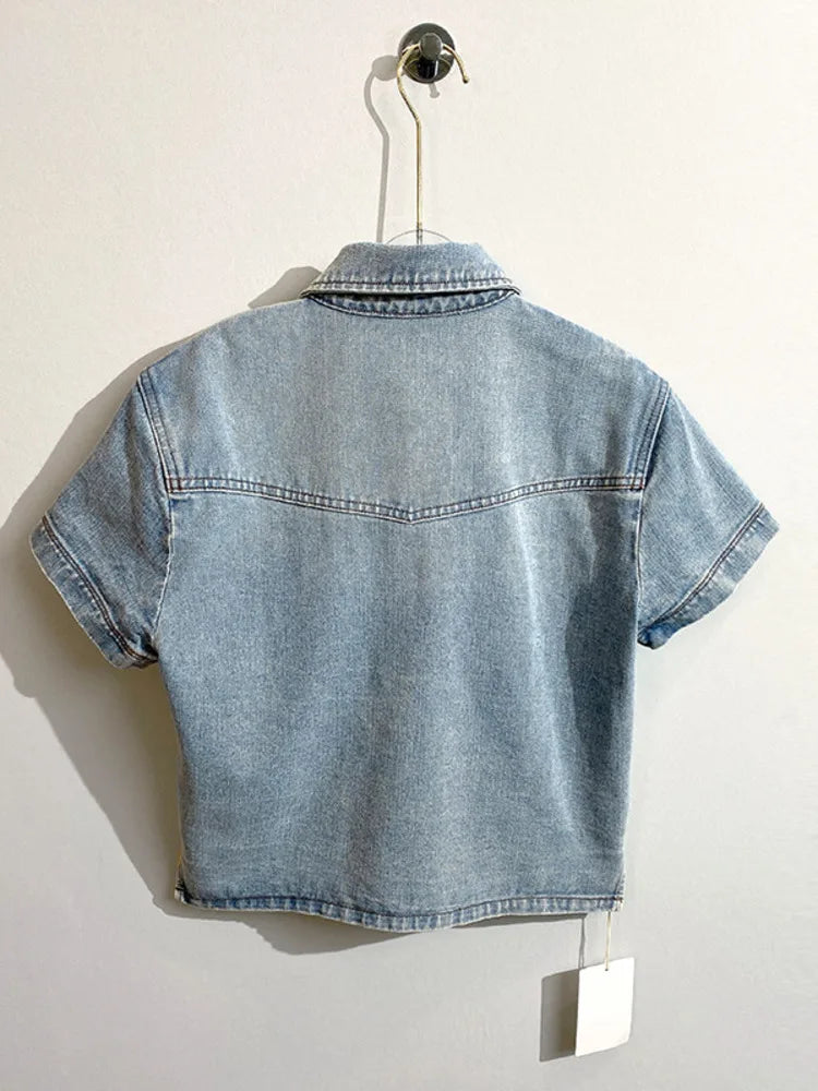 LUXE&ENVY Market Spring/Summer New Washed Old Cowboy Shirt Half Sleeve Single breasted Short sleeved Shirt Versatile Top