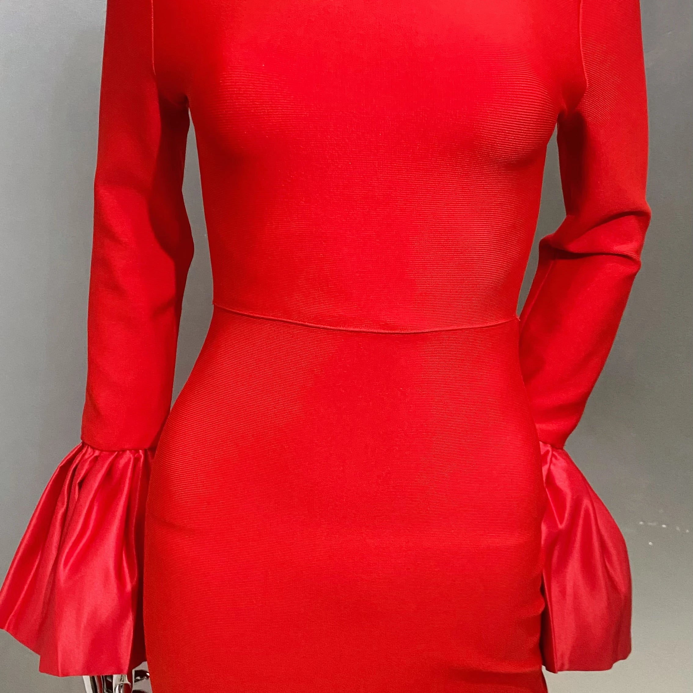 New Red Color Women Flare Sleeve Shinning Crystal Necklace Bodycon Bandage Long Dress Elegant Evening Party Celebrate Dress