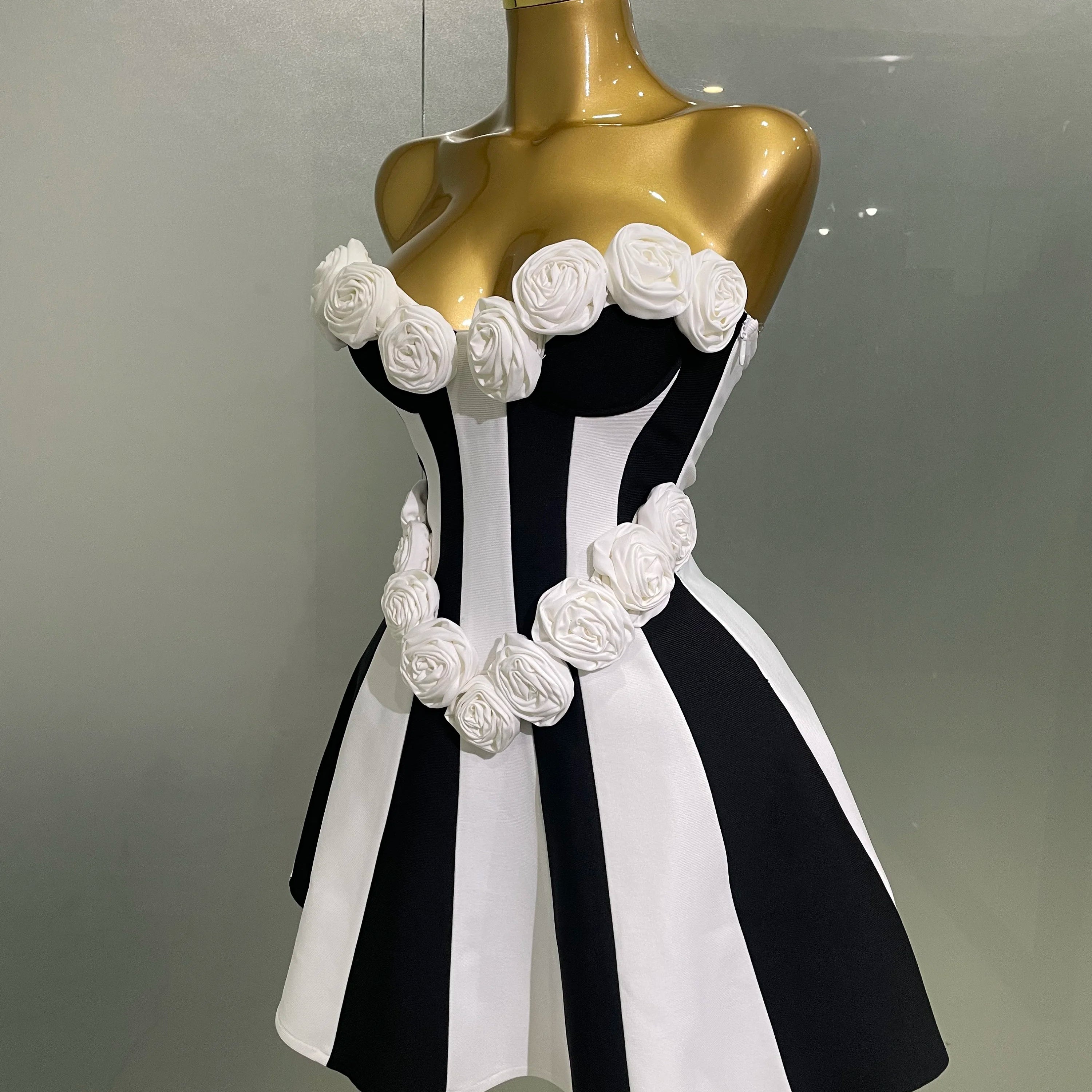 2025New Women Flower Decoration Strapless Black White Stripe Bandage Short Dress Cocktail Party Elegant Evening Club Party Dress