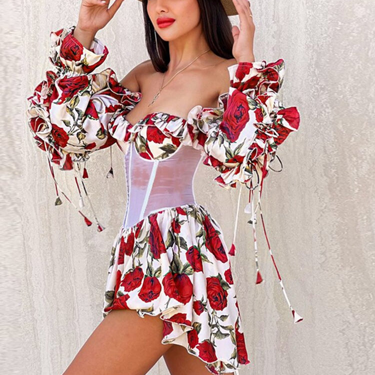 Red Printed Sexy Perspective Show Waist Lace Long Sleeve Mini Dress For Women Summer Beach Dresses Vestidos Red