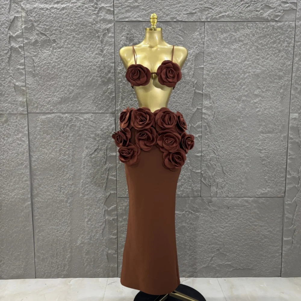 Hot Sale Women Sexy Strap Florlas 2 Pieces Bodycon Long Bandage Dress Nightclub Party Bar Singer Celebrate Birthday Outfit Brown