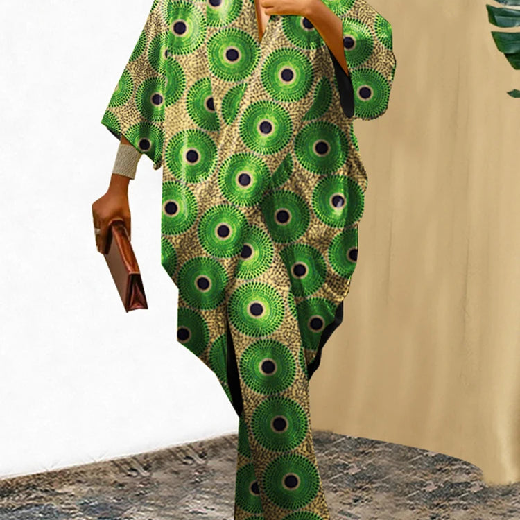 Plus Size 5XL VONDA Women Pants Sets Vintage 3/4 Sleeve Elastic Waist Tops+Trousers Casual Pleated Wide Leg Pants Elegant Suits green