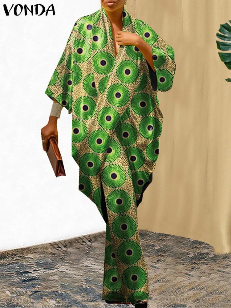 Plus Size 5XL VONDA Women Pants Sets Vintage 3/4 Sleeve Elastic Waist Tops+Trousers Casual Pleated Wide Leg Pants Elegant Suits green