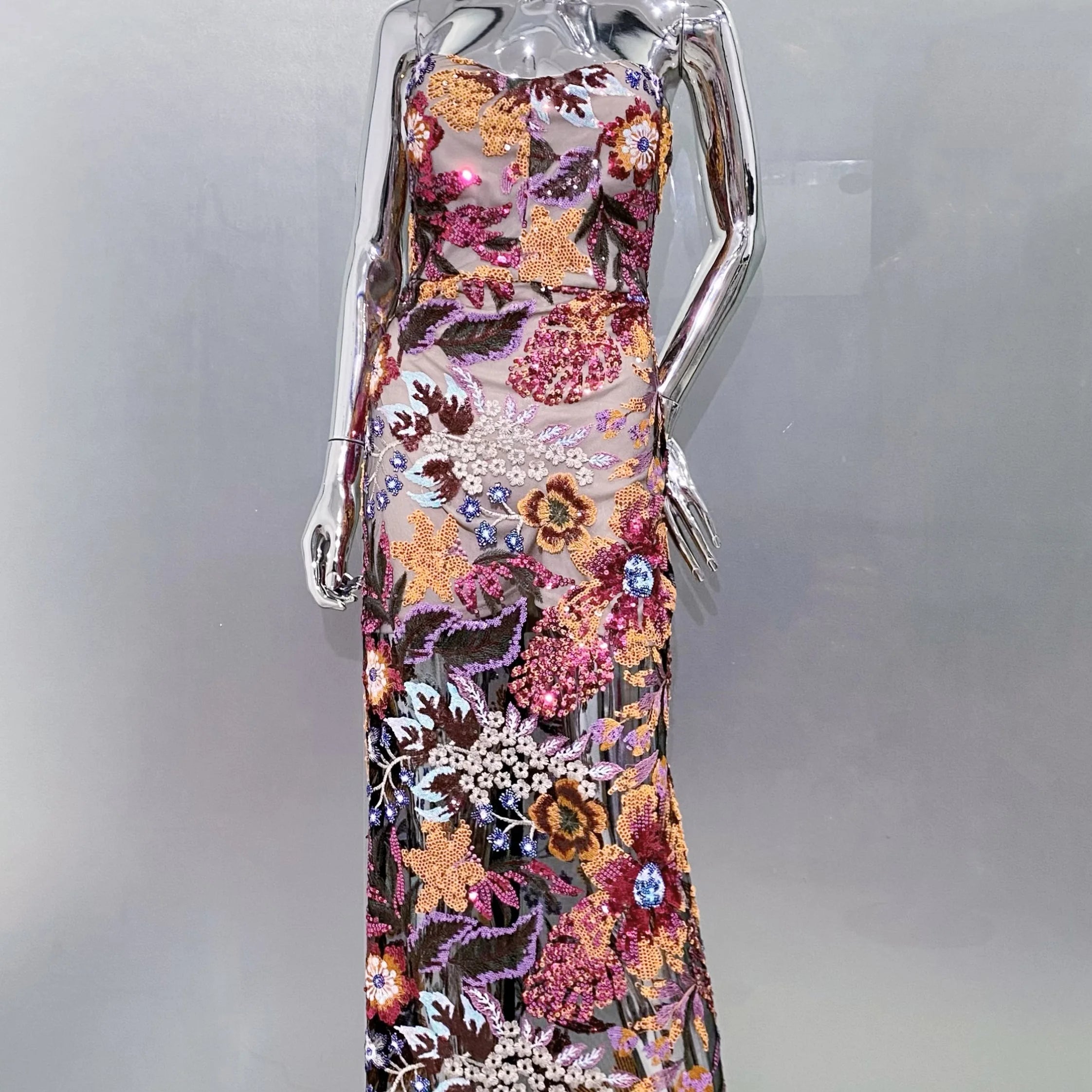 Sequin Flowers Embroidery Sexy Mesh See Through Strapless Ankle Length Dress Elegant Woman Evening Dress Celebrity Party Outfit Claret