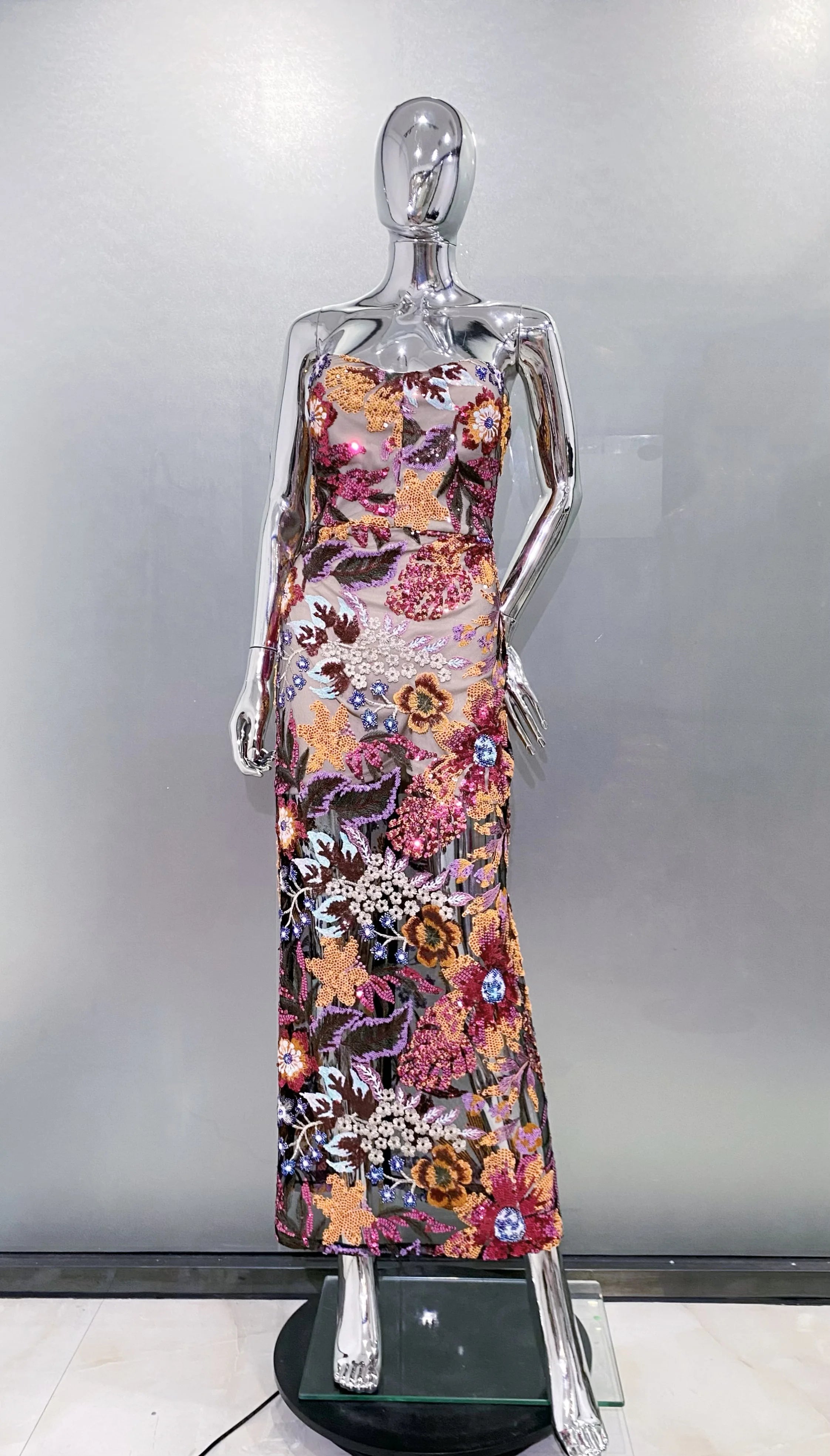 Sequin Flowers Embroidery Sexy Mesh See Through Strapless Ankle Length Dress Elegant Woman Evening Dress Celebrity Party Outfit Claret