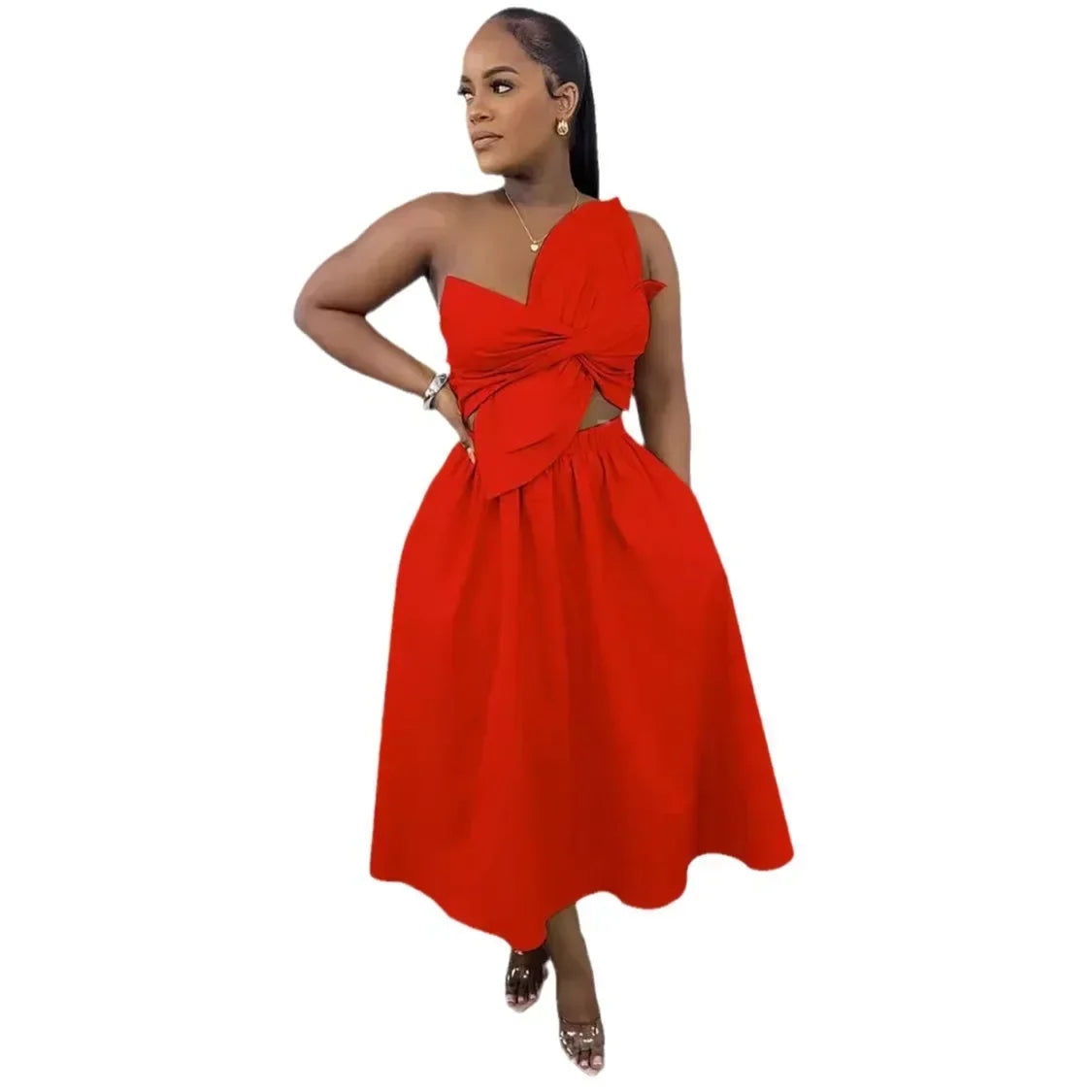 Women Big Petal Front Strapless Midi Long Dress 2024 Summer Street Vestidos Sexy Party Evening Chic Big Swing Dresses Red