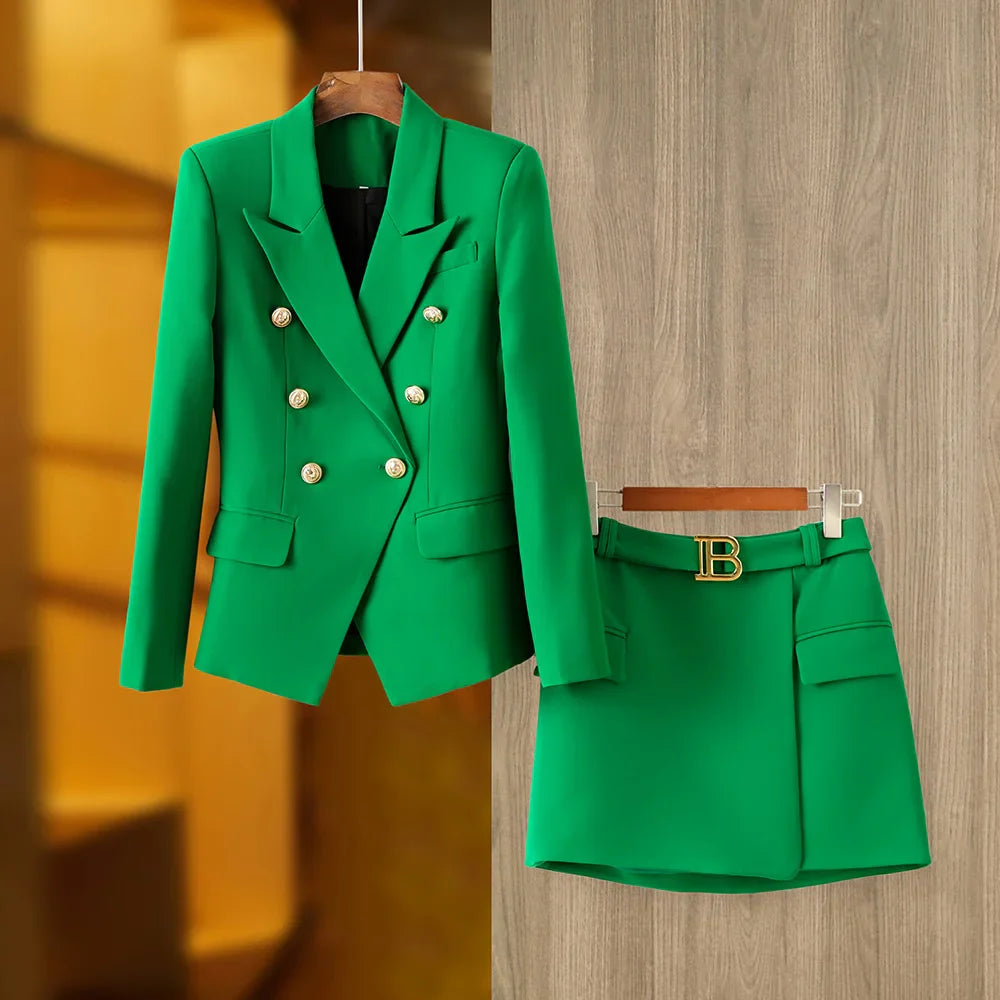 HarleyFashion Gorgeous Design Women 2PCS Blazer Suits Solid Color Summer Blue Skirt Twin Sets Mini Street Clothing for Lady Green