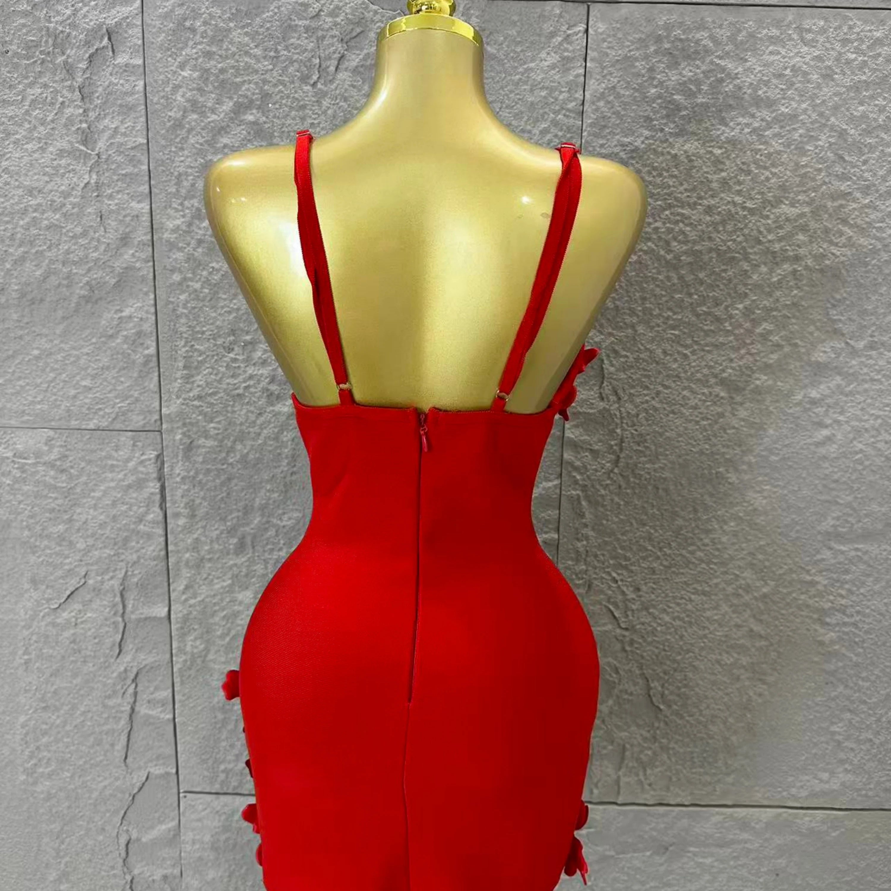 Sexy Deep V Red 3D Flower Applique Dress Slim Fit Bodycon Bandage Night Out Wedding Guest Club Cocktail Evening Party Outfit