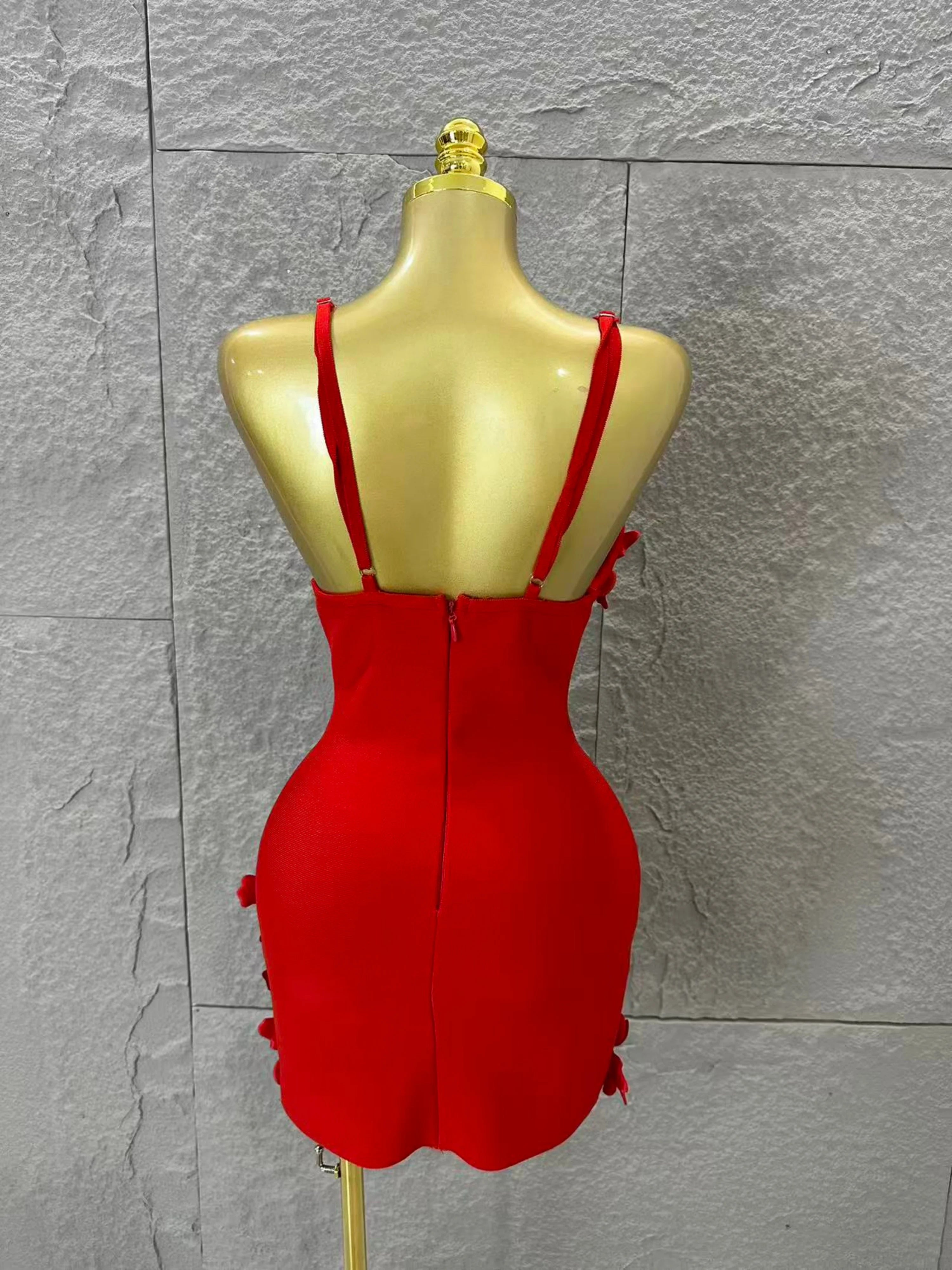 Sexy Deep V Red 3D Flower Applique Dress Slim Fit Bodycon Bandage Night Out Wedding Guest Club Cocktail Evening Party Outfit