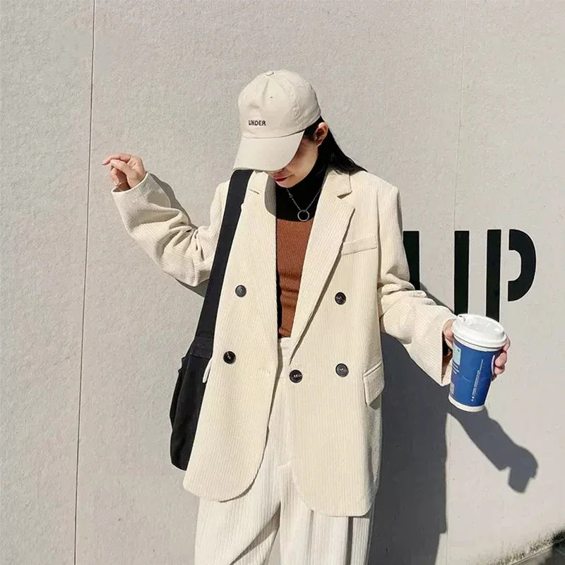 MEXZT Vintage Corduroy Blazer Women Double Breasted Black Suit Jacket Korean Elegant Casual Coat Streetwear All Match Outerwear Beige